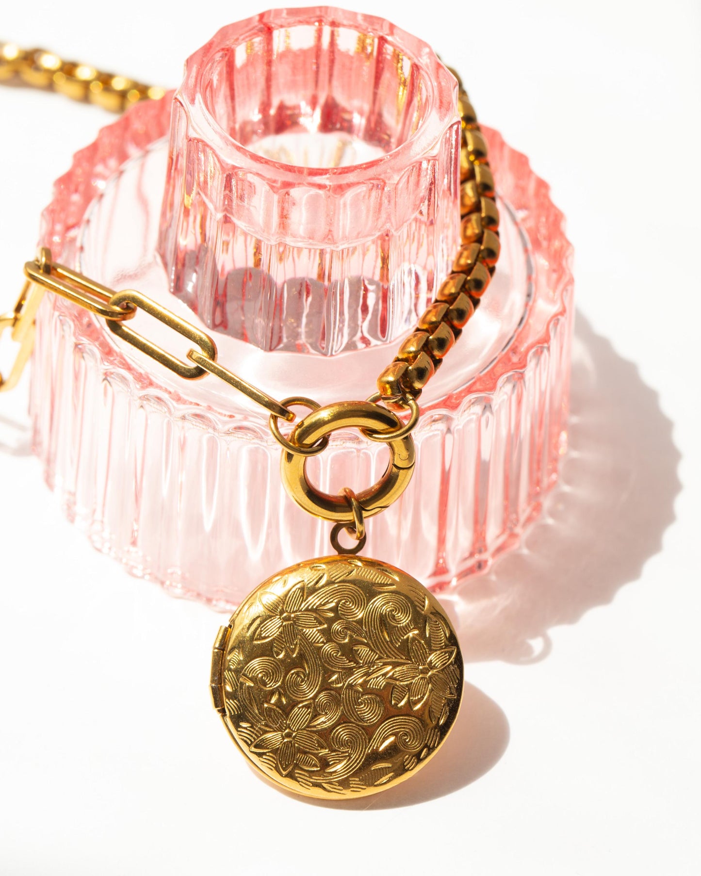 Two Chain Floral Etched Locket Necklace