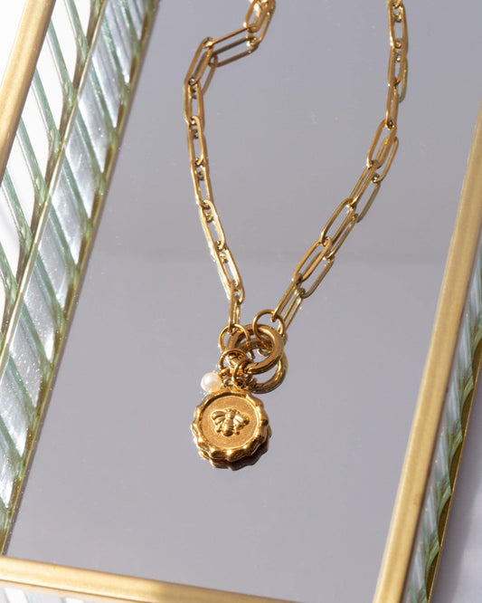 Bee Medallion Necklace with Pearl