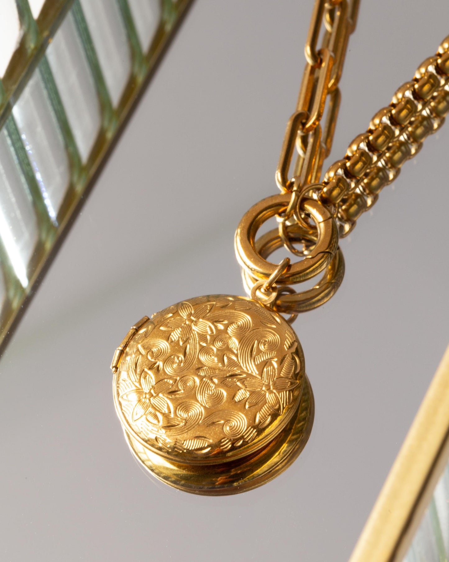 Two Chain Floral Etched Locket Necklace